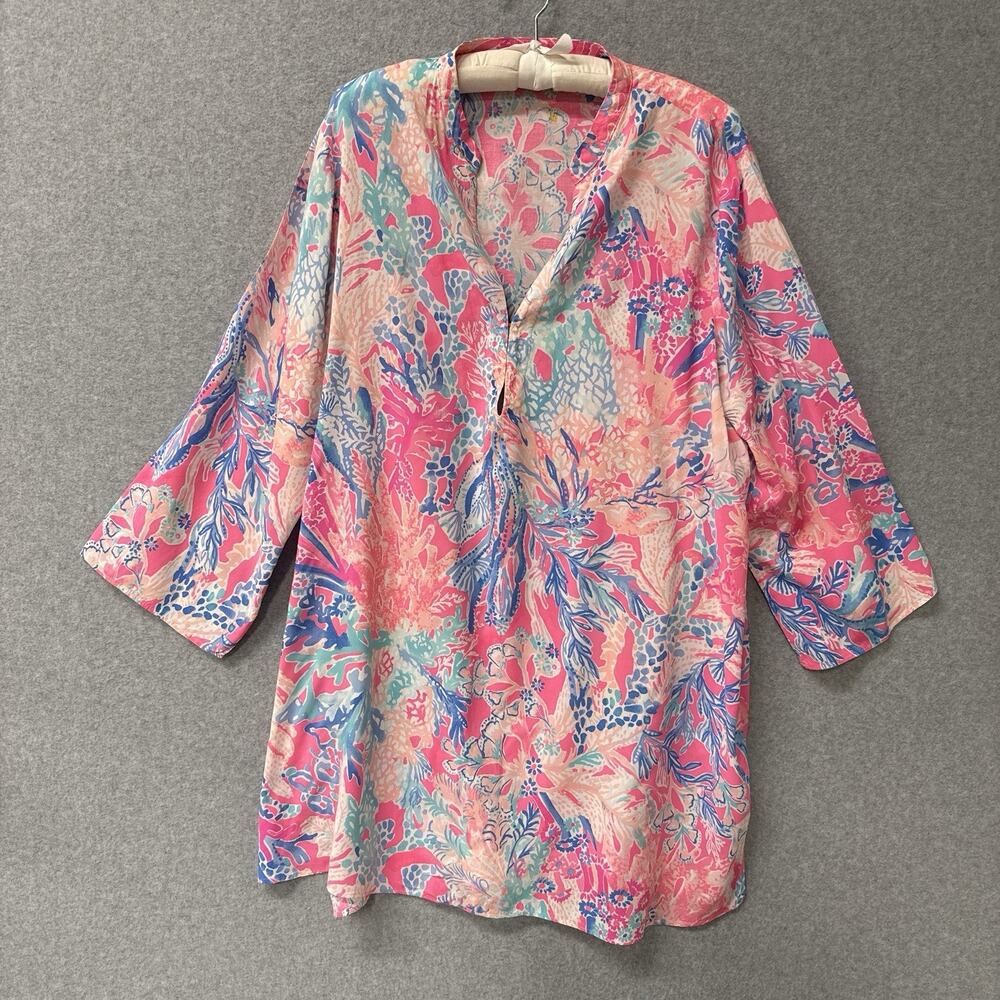 Lilly Pulitzer Esme Cover Up Tunic Pink Aquadesiac 3/4 Sleeve Rayon Size XL